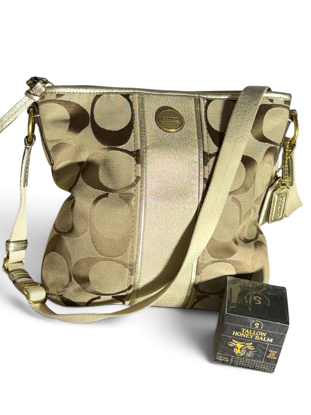 Coach Signature Stripe Swingpack Crossbody in Gold & Tallow Honey Balm